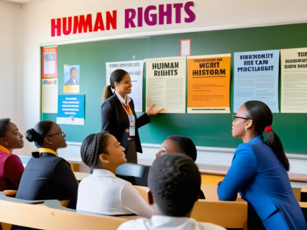 Grupo diverso discute animadamente derechos humanos y promoción ciudadanía consciente en aula con posters coloridos