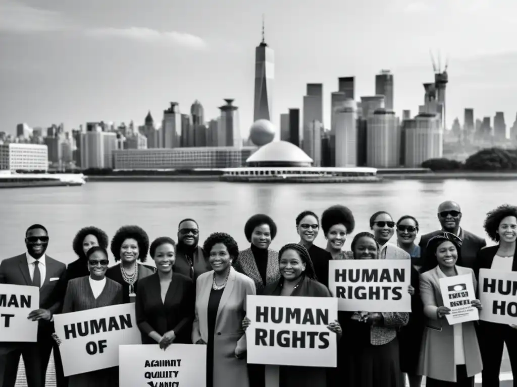 Un grupo diverso se une por los derechos humanos globales, mostrando determinación y esperanza con pancartas en una impactante foto en blanco y negro