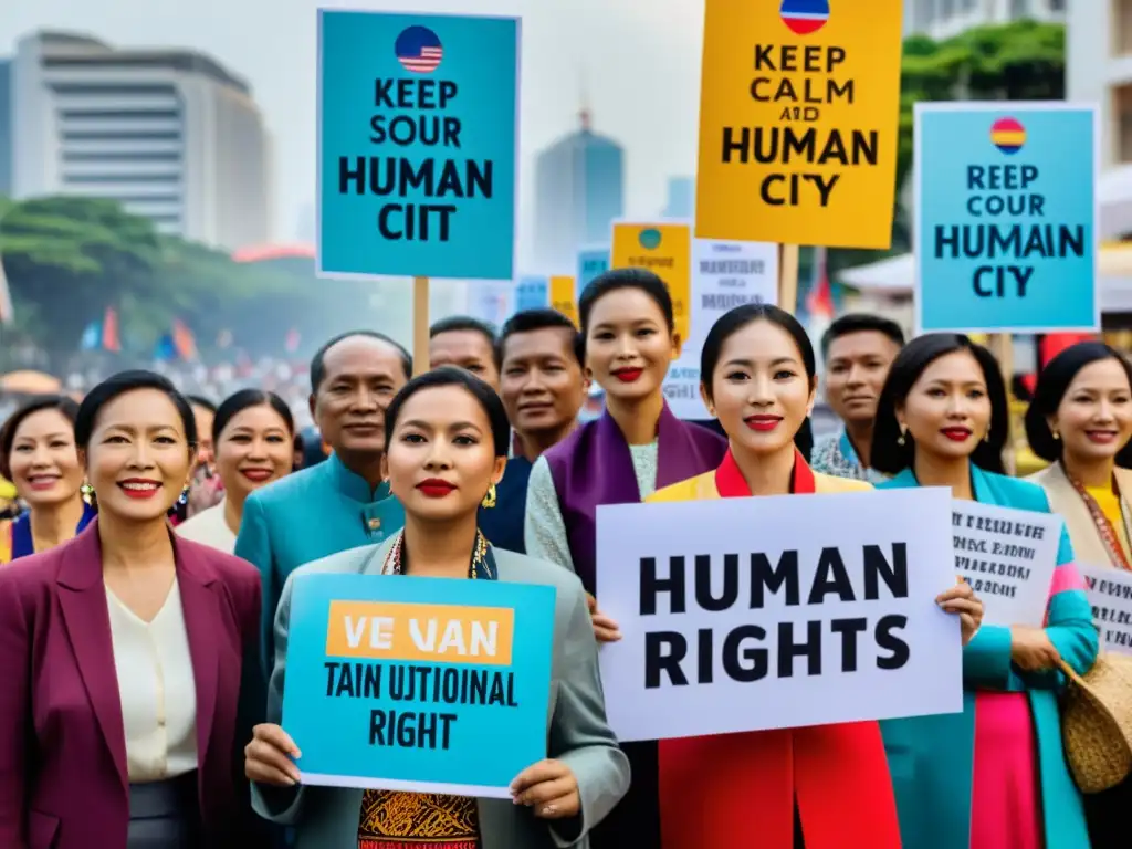 Grupo diverso promociona derechos humanos en el sudeste asiático con pancartas en la ciudad bulliciosa