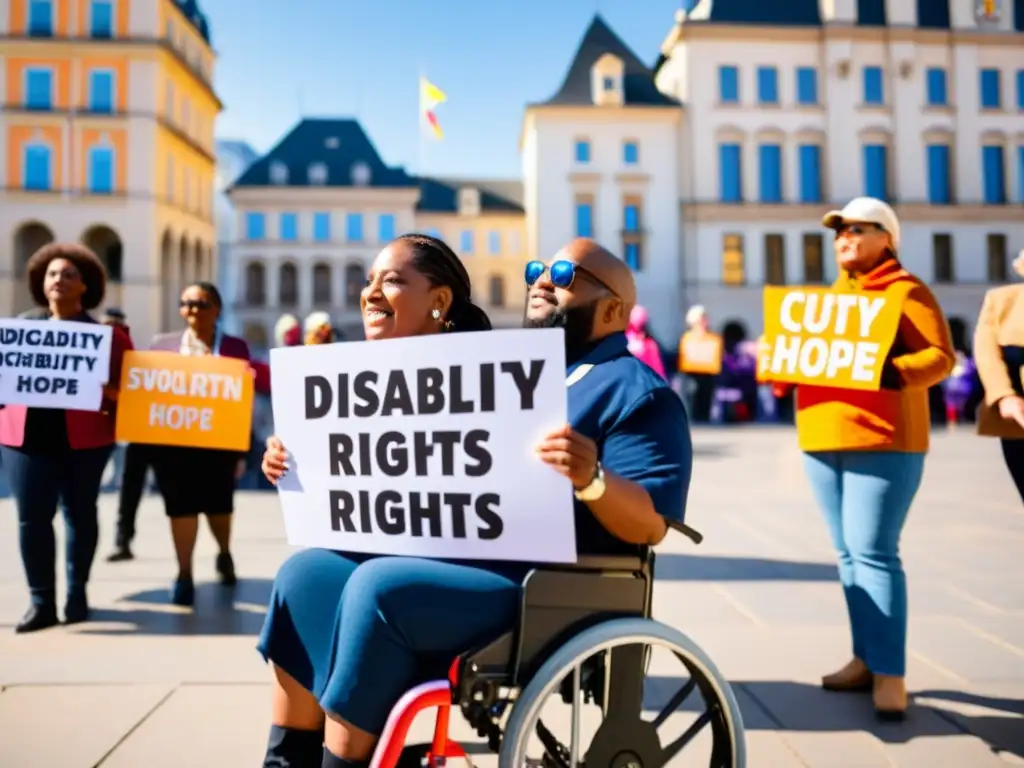 Grupo diverso promociona derechos personas discapacidad ONGs en protesta pacífica ciudad, mostrando determinación y esperanza