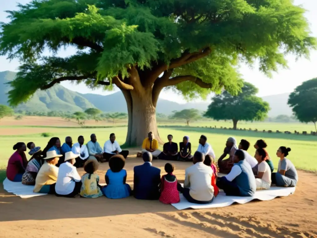 Grupo diverso en diálogo bajo un árbol en entorno rural