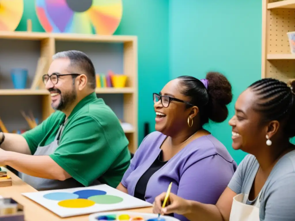 Grupo diverso con discapacidad disfruta creando arte en estudio inclusivo