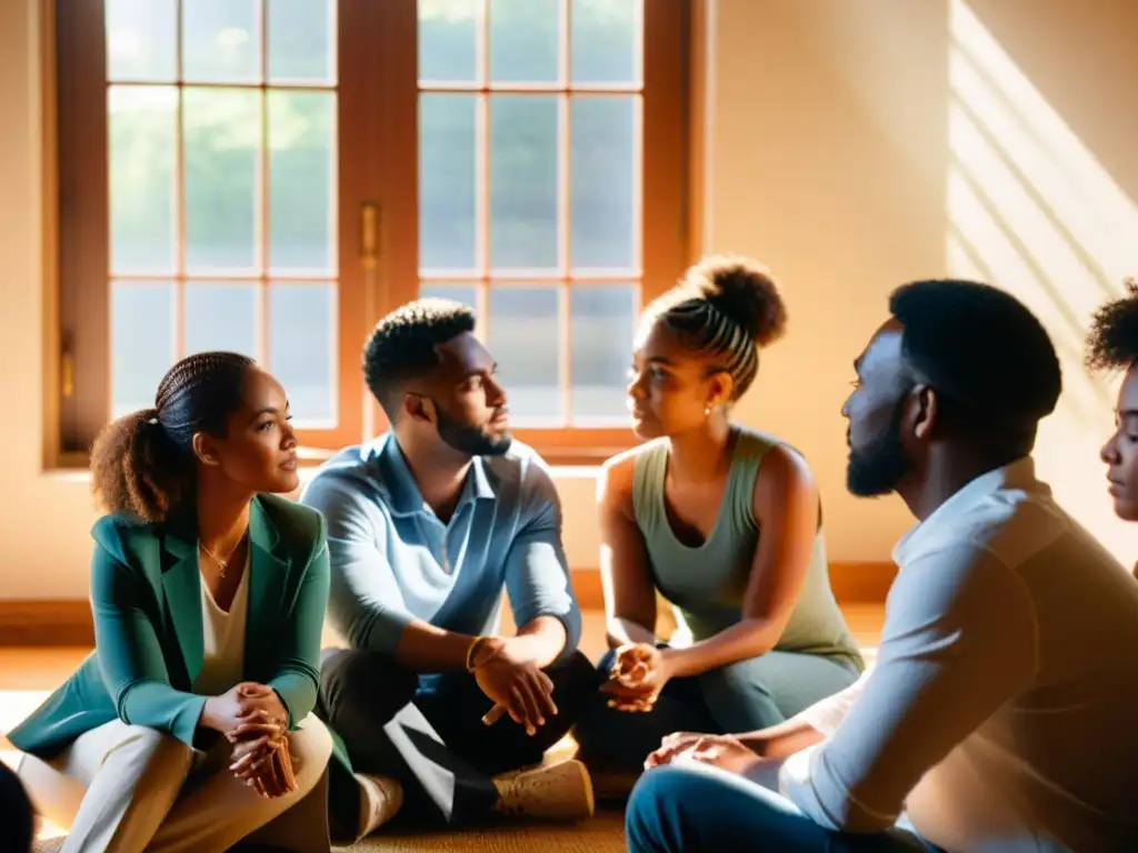 Un grupo diverso conversa con empatía y compromiso, buscando soluciones pacíficas a conflictos subestimados