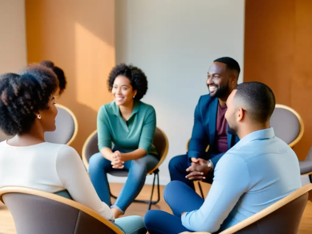 Un grupo diverso muestra empatía y solidaridad en una sesión de apoyo a la salud mental, priorizando salud mental en sociedad