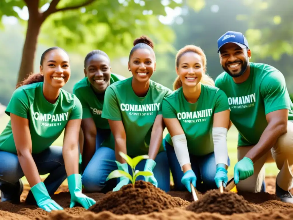 Empleados voluntarios plantando árboles en parque local Grupo diverso de empleados plantando árboles en un parque, mostrando el compromiso de la empresa con la justicia social