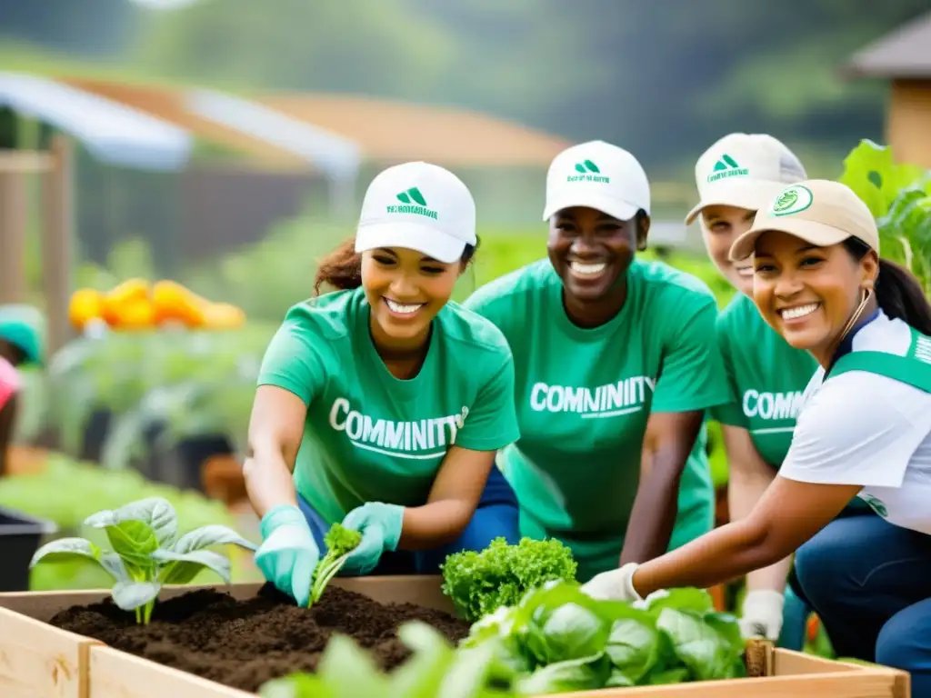 Grupo diverso de empleados en proyecto comunitario de jardín sostenible en barrio desfavorecido