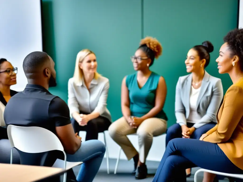 Grupo diverso de empleados en sesión de apoyo a la salud mental en el trabajo, mostrando empatía y confianza