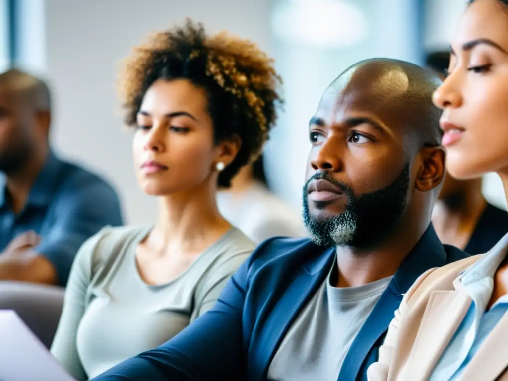 Un grupo diverso de empleados participa en un taller de salud mental en su lugar de trabajo, en un entorno moderno y acogedor