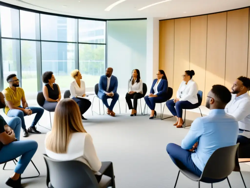 Grupo diverso de empleados participando en un taller de conciencia sobre salud mental en el trabajo empresas, con un ambiente de apoyo y comprensión