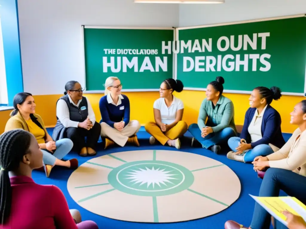 Grupo diverso en empoderadora discusión sobre derechos humanos en aula iluminada