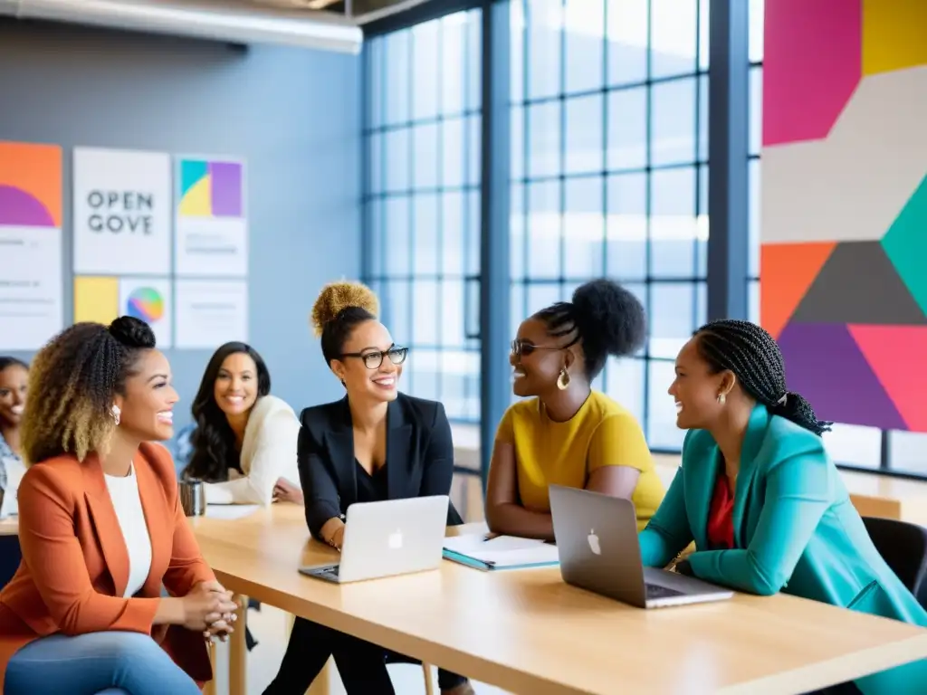 Grupo diverso de emprendedoras exitosas colaborando en un espacio vibrante, reflejando determinación y pasión