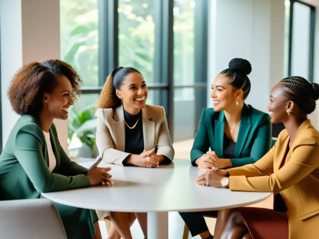 Un grupo diverso de emprendedoras se reúnen alrededor de una mesa, intercambiando ideas y apoyo en un ambiente de empoderamiento y colaboración