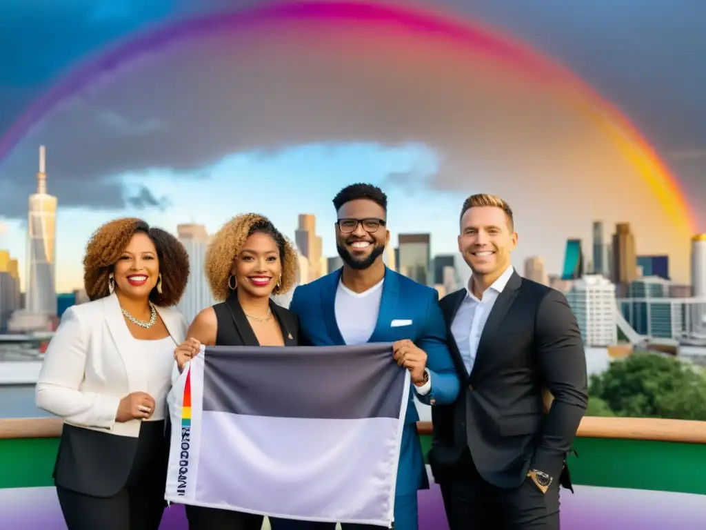 Grupo diverso de emprendedores LGBTIQ+ de éxito, unidos frente a la bandera arcoíris, símbolo de su poder y determinación en el mundo empresarial