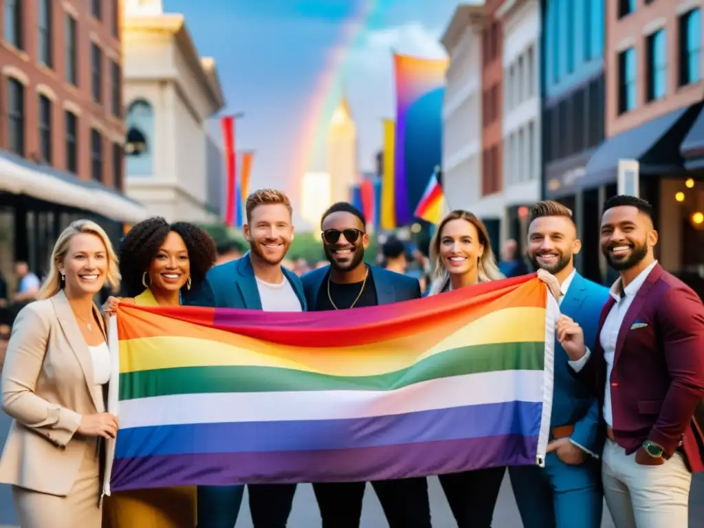 Un grupo diverso de emprendedores LGBTIQ+ exitosos, orgullosos y seguros, sostienen banderas arcoíris frente a sus negocios, con la ciudad de fondo