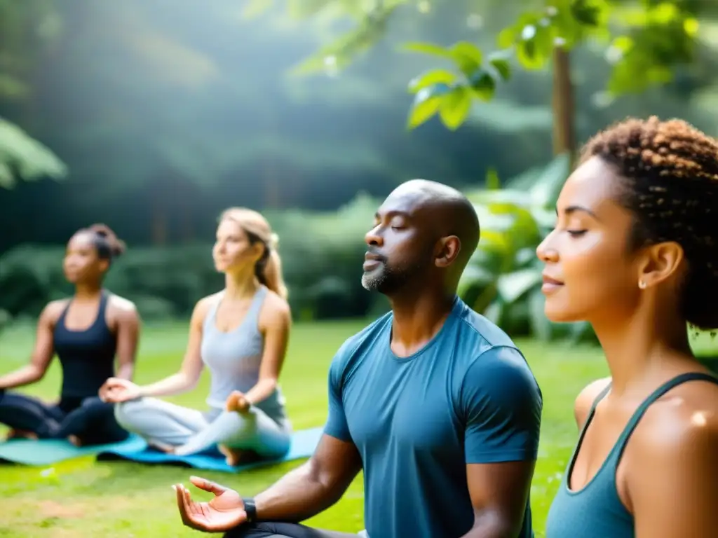 Un grupo diverso participa en enfoques holísticos derechos salud mental en un entorno natural y sereno