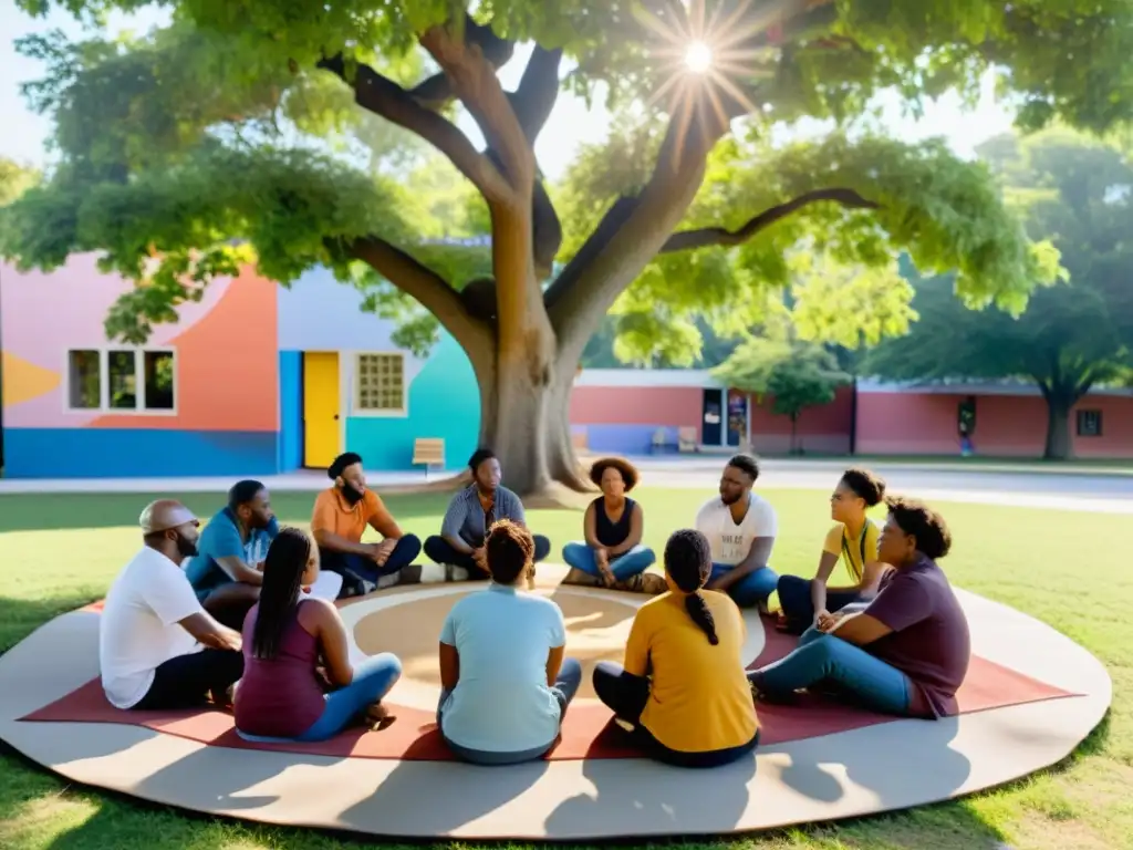 Grupo diverso bajo árbol escucha, conversa con entusiasmo