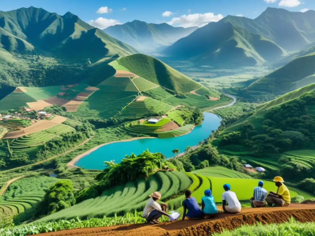 Grupo diverso trabajando en equilibrio desarrollo sostenible derechos humanos en comunidad rural, con montañas verdes y cielos azules