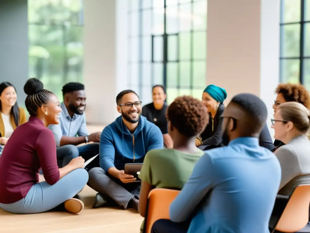 Grupo diverso discute estrategias inclusivas brecha digital global en ambiente cálido y luminoso