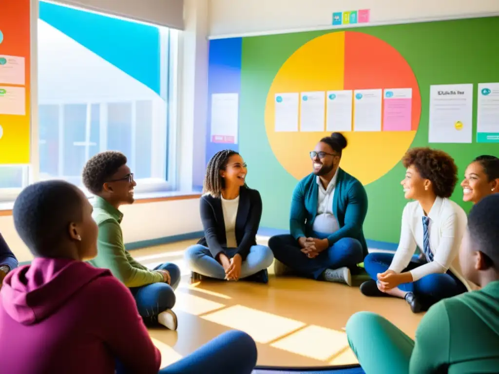 Grupo diverso de estudiantes participando en una animada discusión sobre igualdad y diversidad en un aula con iniciativas educativas para la igualdad