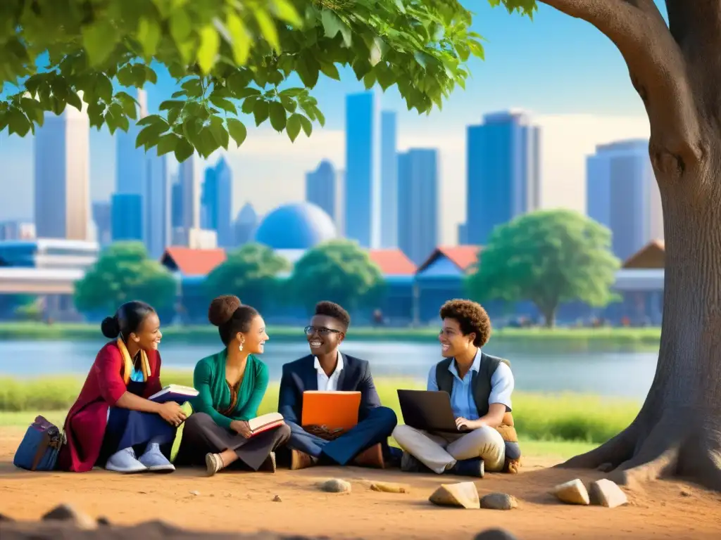 Grupo diverso de estudiantes debajo de un árbol, discutiendo temas educativos, con libros y laptops