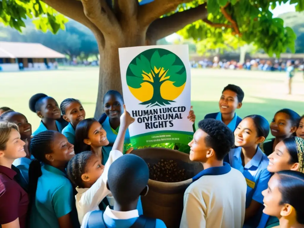 Un grupo diverso de estudiantes discute animadamente bajo un árbol, enfocados en la interconexión entre derechos humanos y medio ambiente