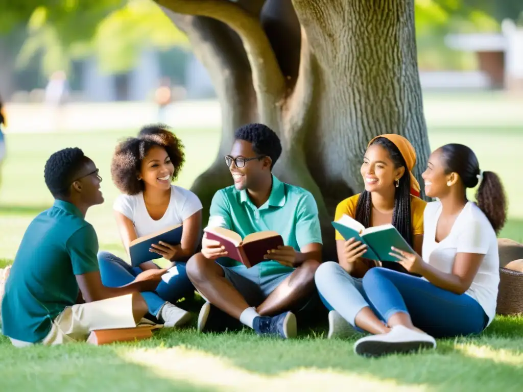 Un grupo diverso de estudiantes discute apasionadamente bajo un árbol, transmitiendo libertad de pensamiento y pasión por la educación