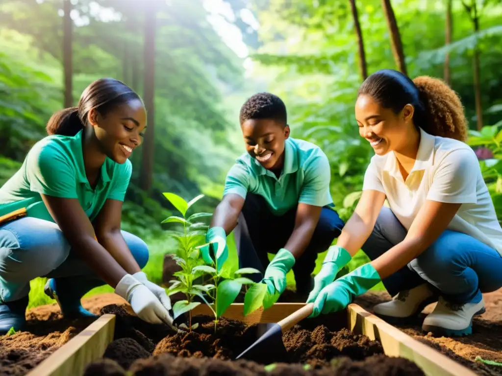 Grupo diverso de estudiantes plantando árboles en el bosque