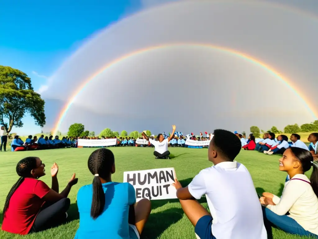 Grupo diverso de estudiantes en círculo, debatiendo con pasión y sosteniendo pancartas sobre derechos humanos bajo un cielo azul brillante