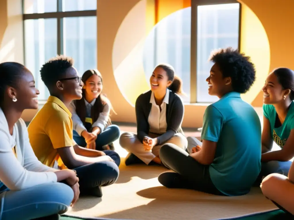 Grupo diverso de estudiantes en círculo discutiendo sobre tecnología educativa y derechos humanos, en un ambiente inclusivo y dinámico con luz natural