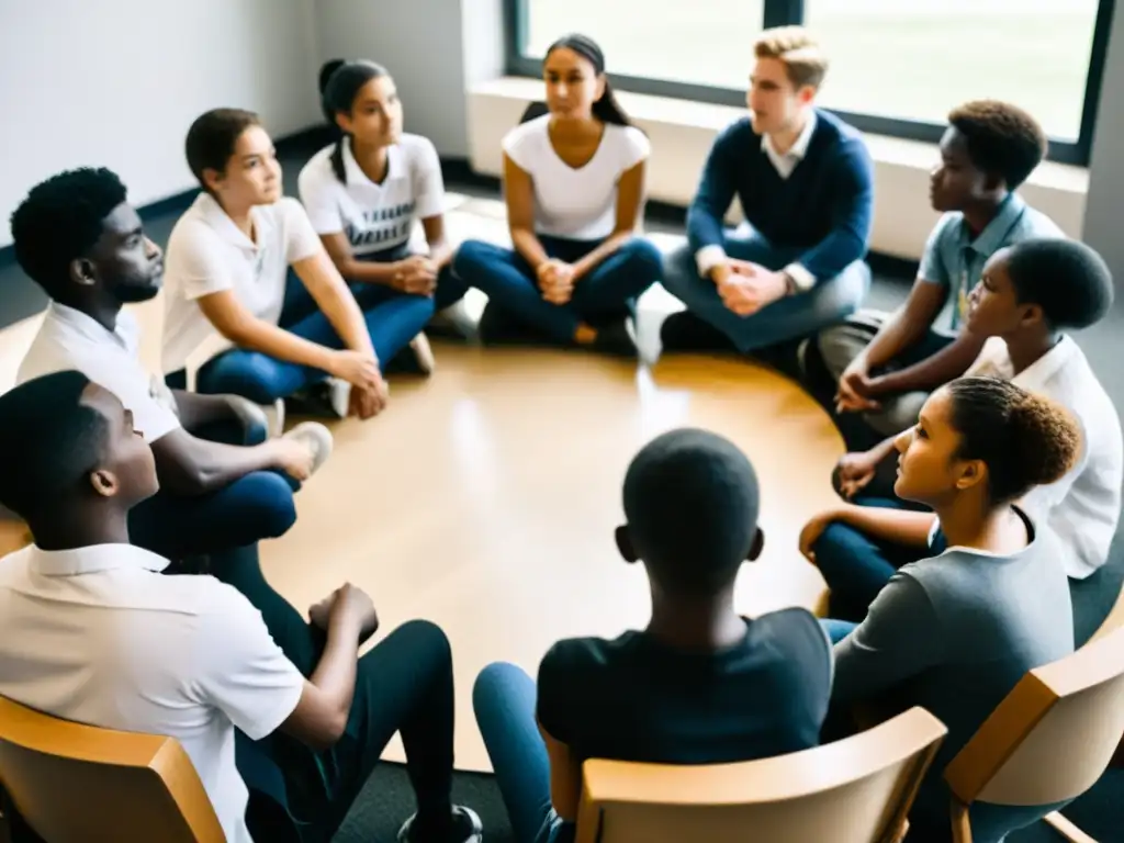 Un grupo diverso de estudiantes se reúne en un círculo, discutiendo sobre educación en derechos humanos y prevención de la violencia escolar