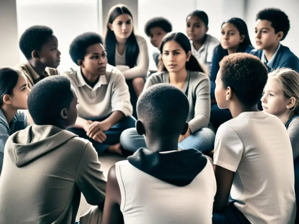 Grupo diverso de estudiantes debatiendo sobre derechos humanos y paz