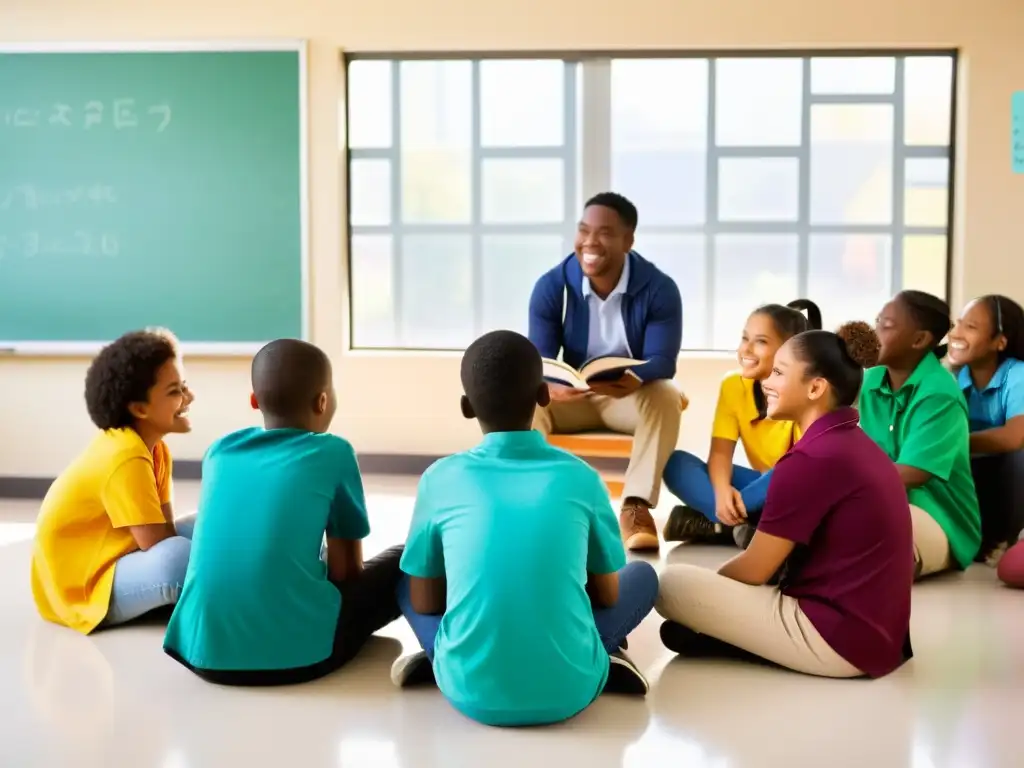Grupo diverso de estudiantes participa en discusión animada en aula colorida