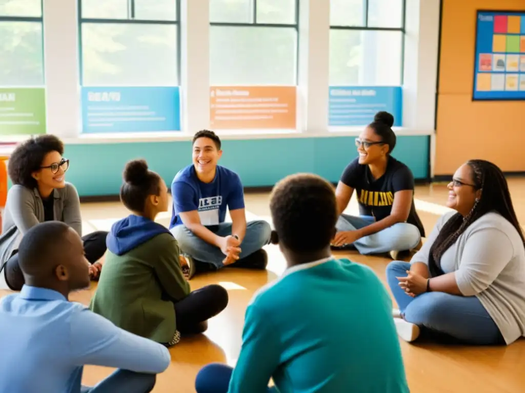 Grupo diverso de estudiantes participa activamente en una discusión en aula luminosa