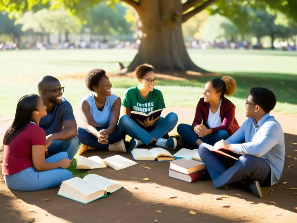 Un grupo diverso de estudiantes de todas las edades se reúne bajo un gran árbol, disfrutando de una animada discusión al aire libre