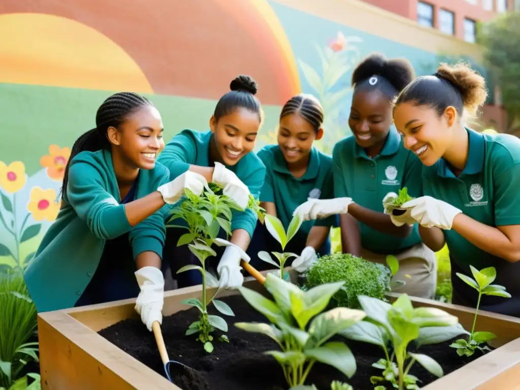 Un grupo diverso de estudiantes cuida un jardín escolar, discutiendo ideas sobre educación ambiental y responsabilidades