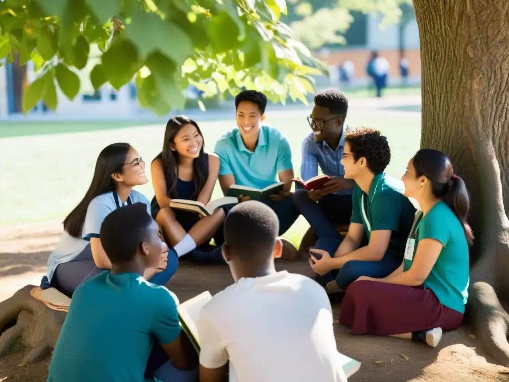 Un grupo diverso de estudiantes de todo el mundo se sienta en círculo bajo un árbol, inmersos en una animada discusión