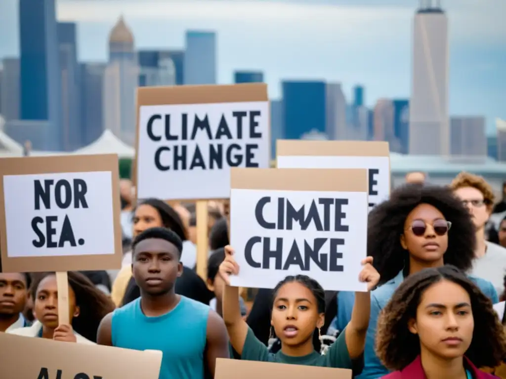 Un grupo diverso de jóvenes estudiantes participa en una protesta por el cambio climático, sosteniendo carteles con mensajes poderosos