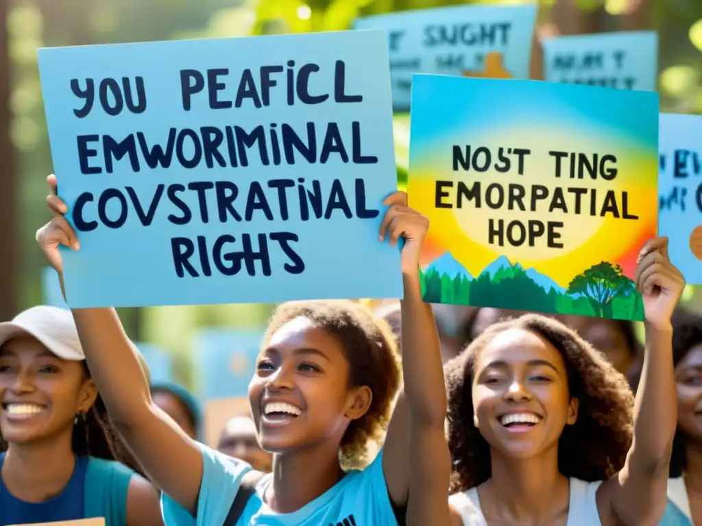 Un grupo diverso de estudiantes se unen en una protesta pacífica por la conservación ambiental y los derechos humanos