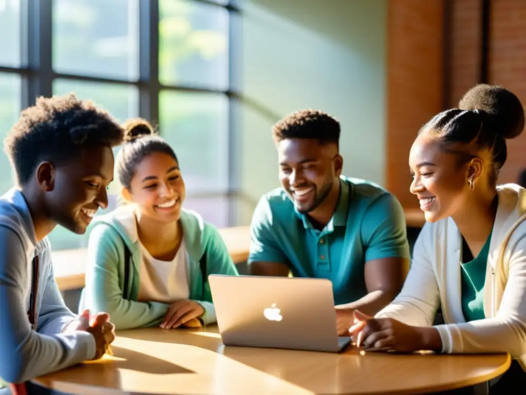 Un grupo diverso de estudiantes colabora en un proyecto con laptops y tablets, destacando el impacto de las TIC en la educación