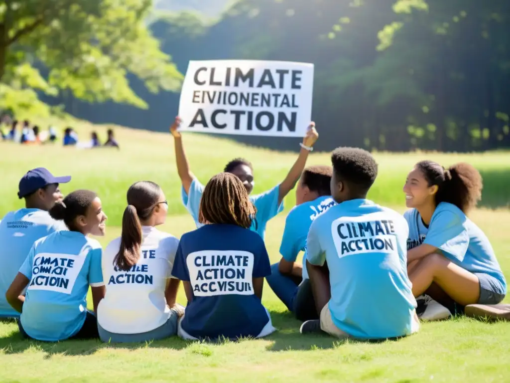 Grupo diverso de estudiantes de secundaria en círculo en campo, debatiendo sobre activismo climático juvenil con carteles y bosque al fondo