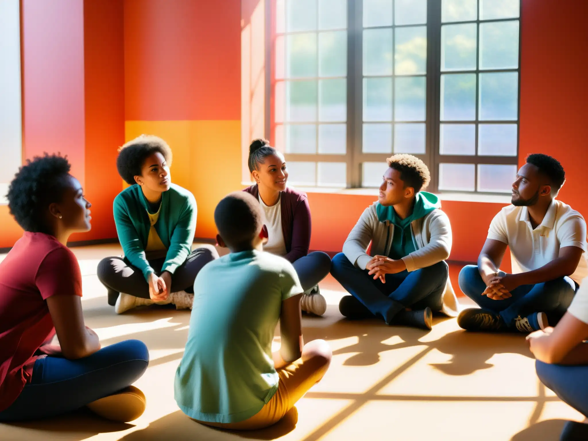 Grupo diverso de estudiantes participando en un taller de prevención de conflictos