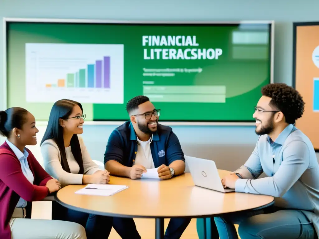 Grupo diverso de estudiantes participando en un taller de educación financiera como derecho humano en un aula moderna y luminosa, intercambiando ideas con entusiasmo