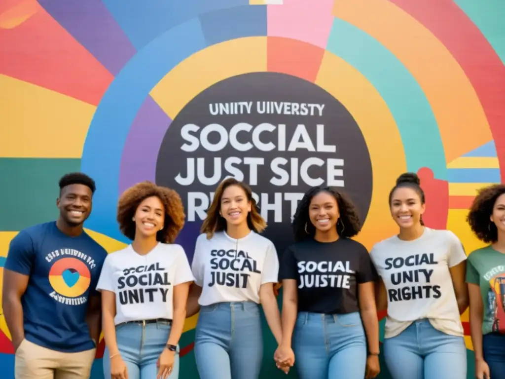 Grupo diverso de estudiantes universitarios frente a mural de justicia social, fomentando los derechos humanos universitarios