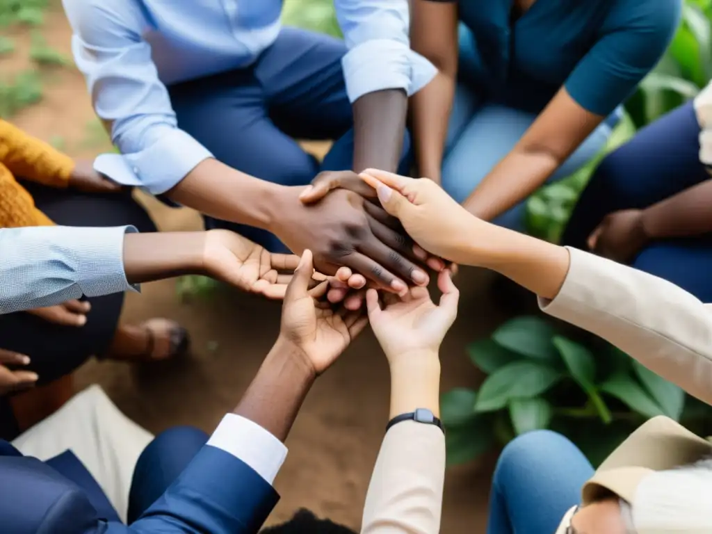 Grupo diverso debatiendo sobre financiamiento climático y equidad global en un ambiente íntimo y urgente