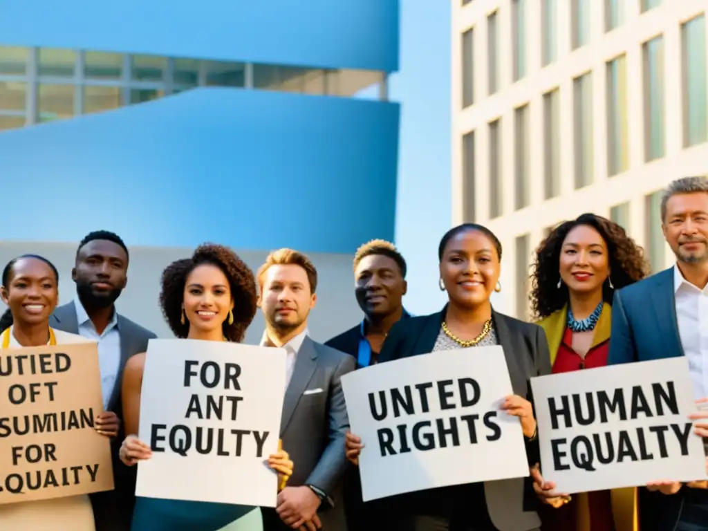 Grupo diverso frente a la ONU, con carteles por la defensa de los derechos humanos globales