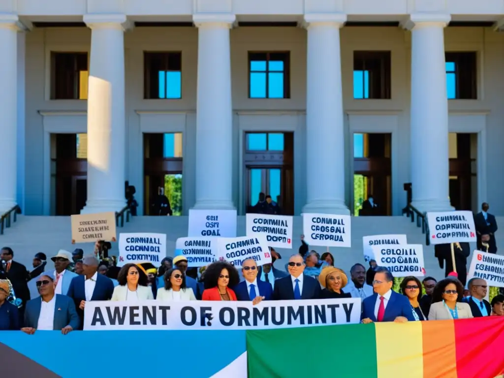 Un grupo diverso se une frente a un edificio gubernamental, sosteniendo pancartas y mostrando determinación en la lucha contra la corrupción