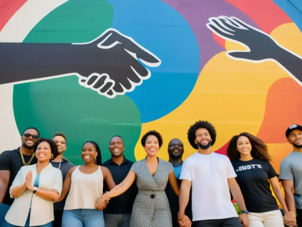 Un grupo diverso se une frente a un mural vibrante de justicia social, transmitiendo unidad y determinación