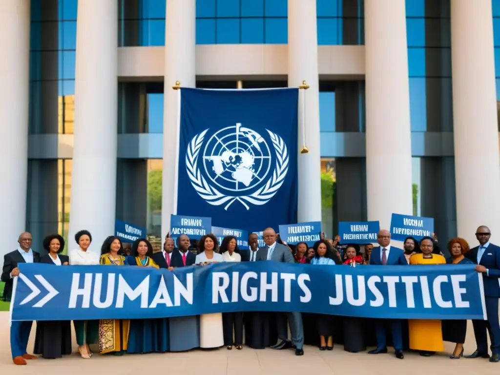 Un grupo diverso se une frente a la sede de una organización internacional, abogando por la protección de derechos humanos internacionales