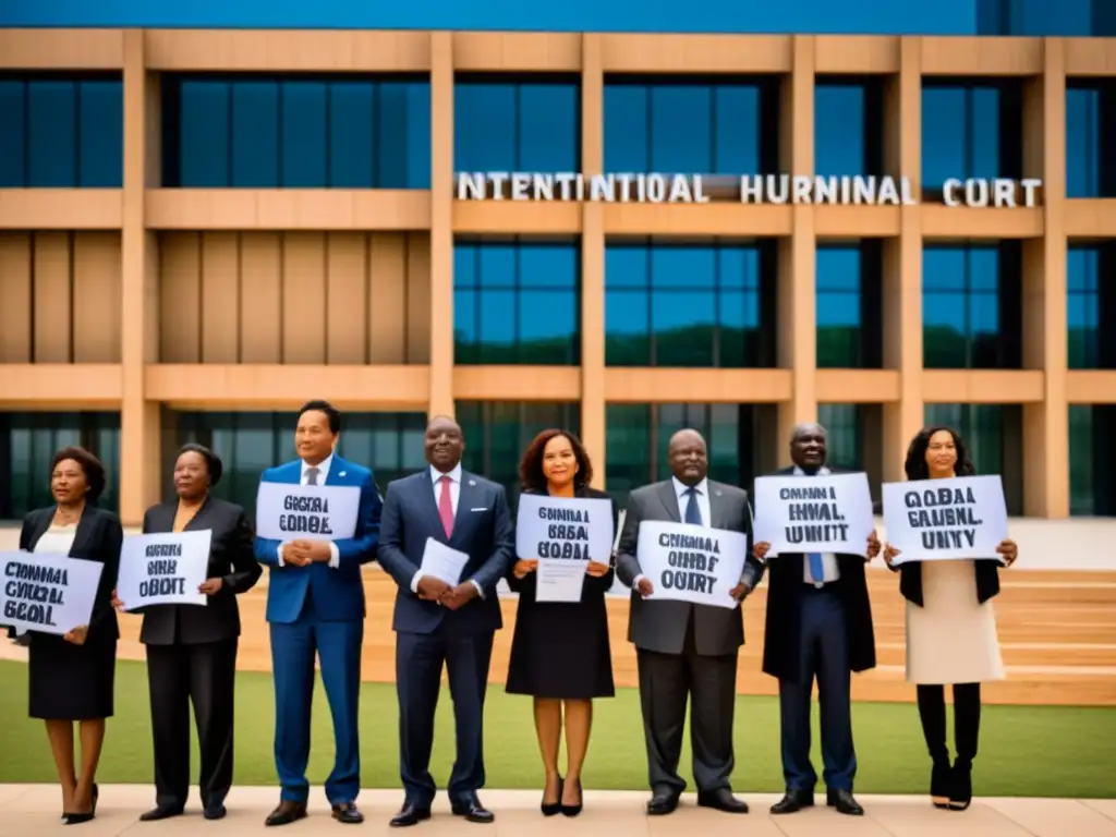 Un grupo diverso defiende global derechos humanos frente al Tribunal Penal Internacional, mostrando determinación y unidad