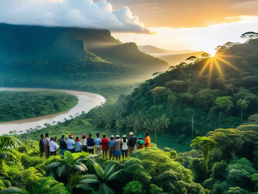 Un grupo diverso discute el impacto del Acuerdo de París en los derechos humanos, unidos frente a la exuberante selva al atardecer